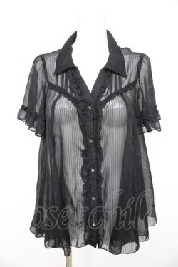 画像1: axes femme / シアーストライプフリルブラウス M 黒 Y-26-02-21-045-AX-BL-SZ-ZY