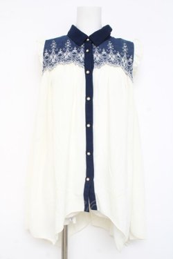 画像1: axes femme / ヨーク刺繍イレヘムチュニック M オフシロ×ネイビー Y-26-02-23-052-AX-TO-IG-ZY