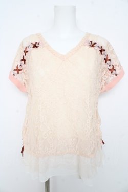 画像1: axes femme / 肩編み上げレイヤード風プルオーバー M アイボリー×ピンク Y-26-02-23-079-AX-TO-IG-ZY