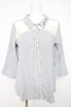 画像1: axes femme / 刺繍入り七分袖シャツ M シロ×グレー Y-26-02-23-100-AX-BL-IG-ZY