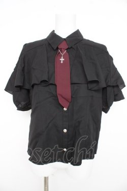 画像1: axes femme POETIQUE / タイ付ラッフルフリル半袖ブラウス  黒 Y-26-02-23-113-AX-BL-SZ-ZY