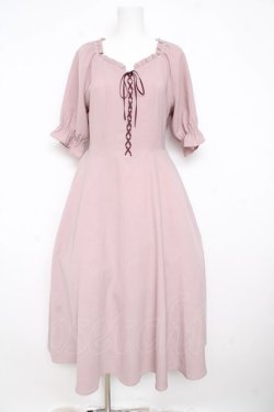 画像1: F&A / フロントレースアップパフスリーブワンピース  ピンク Y-26-02-23-188-LO-OP-SZ-ZY