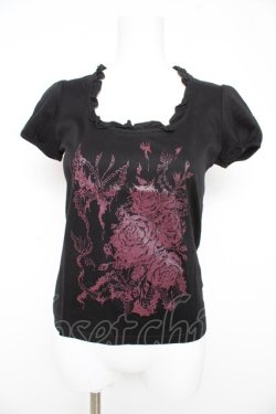 画像1: BPN / バラｘ蝶プリント半袖カットソー  黒 Y-26-02-27-054-GO-TO-SZ-ZY