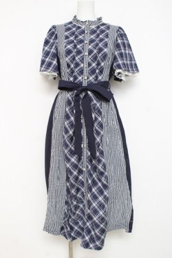 画像1: axes femme / チェック切替パッチワークワンピース  ネイビー Y-26-02-27-108-AX-OP-SZ-ZY