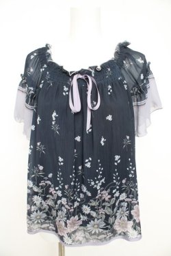 画像1: axes femme / アネモネ柄パイピングブラウス M 紺 Y-26-02-27-034-AX-BL-SZ-ZY