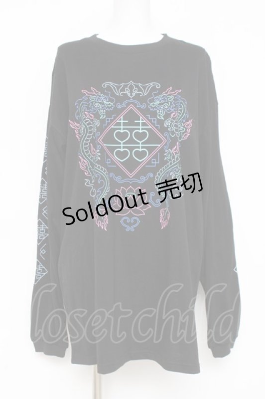 画像1: LISTEN FLAVOR / チャイナプリントロンT  黒 Y-26-03-06-125-PU-TO-SZ-ZY (1)