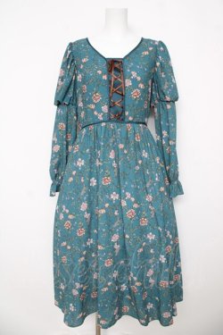 画像1: axes femme Nostalgic / ボタニカル柄レースアップワンピース  グリーン Y-26-03-06-173-LO-OP-SZ-ZY