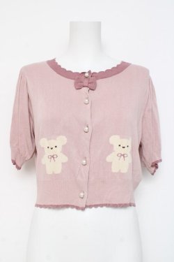 画像1: axes femme kawaii / クマ柄半袖ニットカーディガン  ピンク Y-26-03-09-076-AX-TO-SZ-ZY