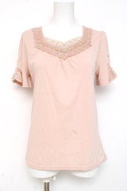 画像1: axes femme / ローズレースVネック半袖カットソー M ピンク Y-26-03-09-082-AX-TO-SZ-ZY