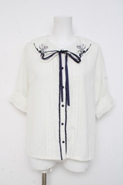 画像1: axes femme POETIQUE / チューリップ刺繍ブラウス M 紺 Y-26-03-09-014-AX-BL-SZ-ZY