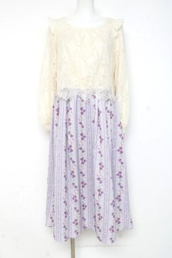 画像1: axes femme / 花ストライプ柄ドッキングワンピース M ラベンダー Y-26-03-09-216-AX-OP-SZ-ZY