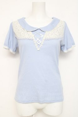 画像1: axes femme / レース切替リブトップス M サックス Y-26-03-09-039-AX-TO-SZ-ZY