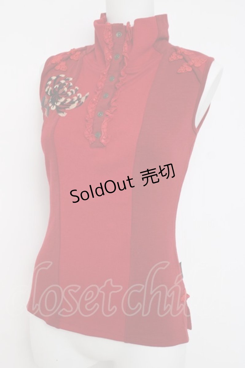 画像1: Ozz On / 菊刺繍ハイネックノースリーブトップス  赤 Y-26-03-16-119-OO-TO-SZ-ZY (1)