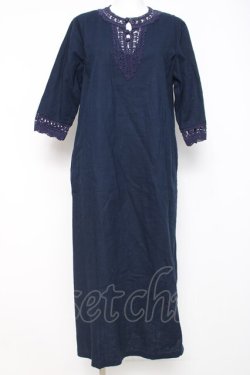 画像1: powder / ニットレース使い麻綿ワンピース F 紺 Y-26-03-20-108-LO-OP-SZ-ZY