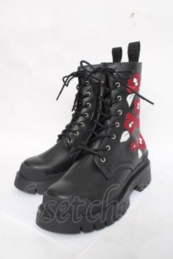 画像1: rezen / 椿刺繍レースアップブーツ 23.5 漆黒 Y-26-03-20-015-LO-SH-SZ-ZY