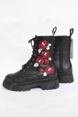 画像2: rezen / 椿刺繍レースアップブーツ 23.5 漆黒 Y-26-03-20-015-LO-SH-SZ-ZY