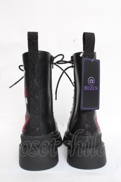 画像3: rezen / 椿刺繍レースアップブーツ 23.5 漆黒 Y-26-03-20-015-LO-SH-SZ-ZY