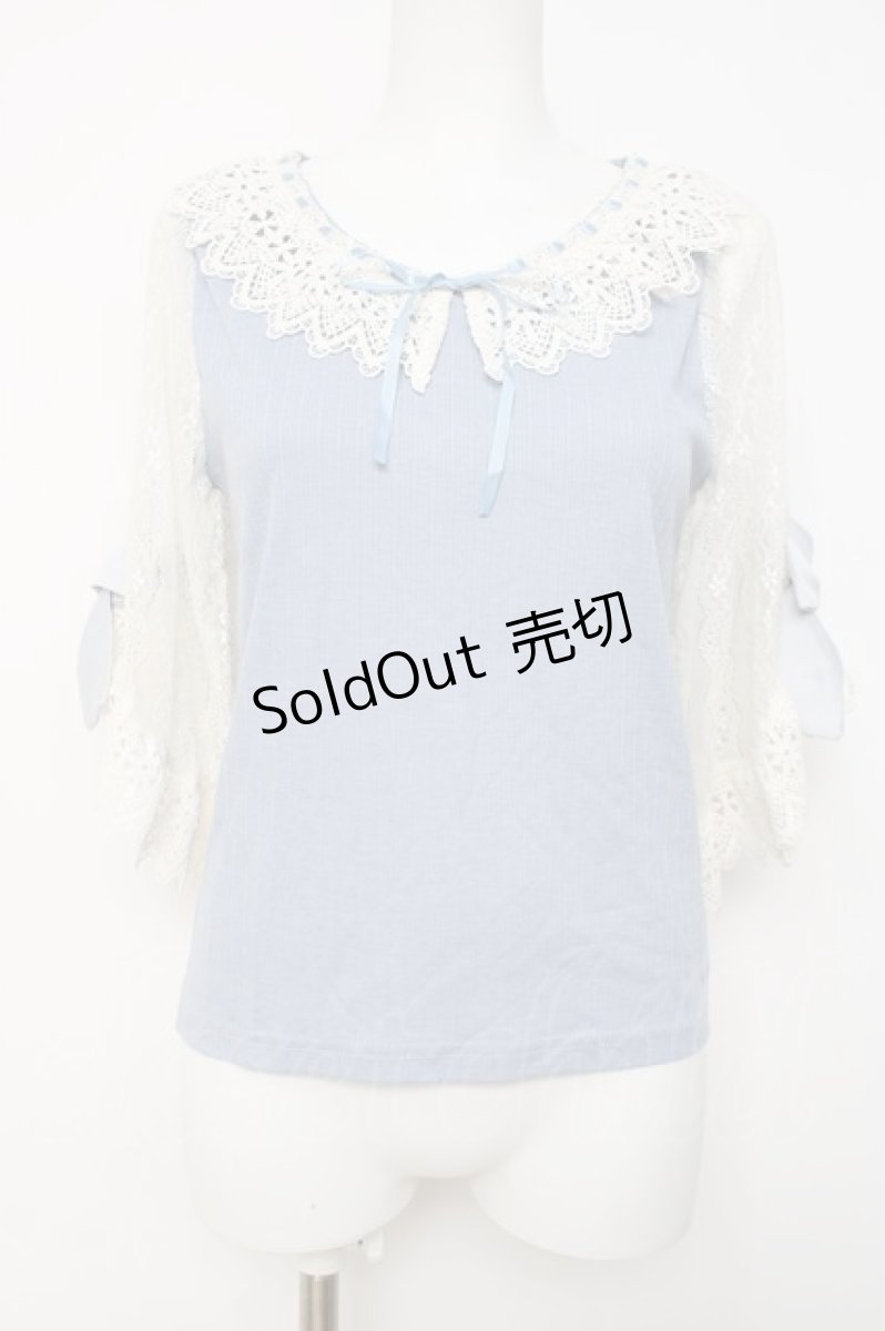 画像1: axes femme POETIQUE / リボンレース袖カットプルオーバー M サックス Y-26-03-20-024-AX-TO-SZ-ZY (1)