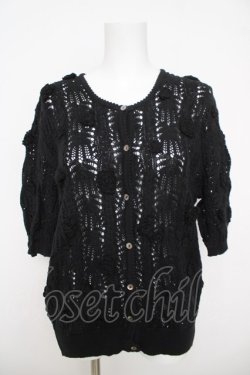 画像1: INGEBORG / カメリアモチーフ半袖ニットカーディガン  黒 Y-26-03-24-055-LO-TO-SZ-ZY