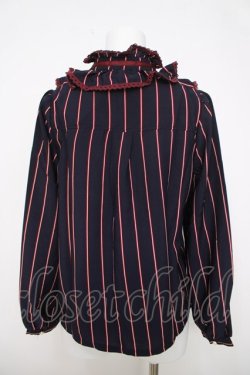 画像2: axes femme / ストライプ柄フリルブラウス M 紺 Y-26-03-28-011-AX-BL-SZ-ZY