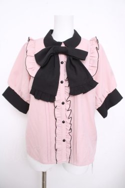 画像1: DearMyLove / スクエアフリルボウタイリボンブラウス L ピンク×黒 Y-26-03-30-046-EL-BL-SZ-ZY