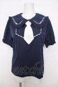 axes femme POETIQUE / レトロ喫茶刺繍パフ袖ブラウス  ネイビー Y-26-04-01-060-AX-BL-SZ-ZY