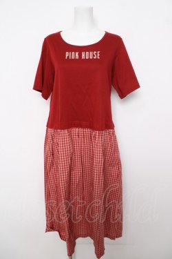 画像1: PINK HOUSE / ロゴ&ギンガムチェックドッキング半袖ワンピース F 赤 Y-26-04-01-156-LO-OP-SZ-ZY