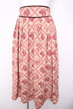 画像1: an another angelus / ヴィンテージローズタイツ柄タックスカート  ベージュ×レッド Y-26-04-03-178-CA-SK-SZ-ZY