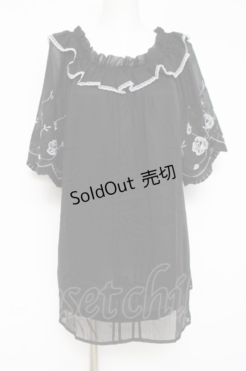 画像1: axes femme / 刺繍袖楊柳シフォンチュニック M 黒 Y-26-05-10-042-AX-OP-SZ-ZS (1)