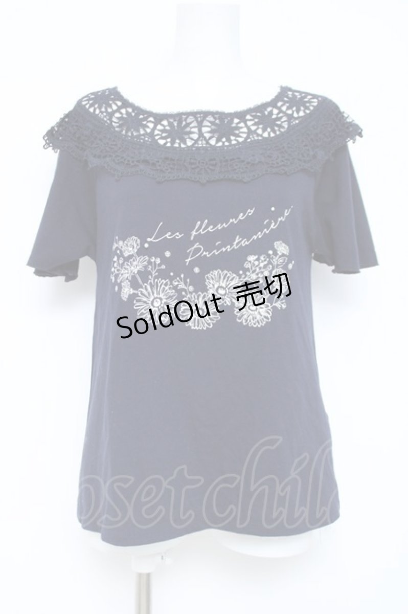 画像1: axes femme / 肩レースプリントTシャツ M 紺 Y-26-05-19-009-AX-TO-SZ-ZY (1)