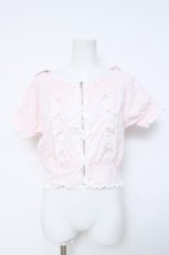 画像1: Ank Rouge / パールリボン&はしごレースリボン半袖ZIPカーディガン  ピンクＸ白 Y-26-05-23-036-CA-TO-SA-ZY (1)