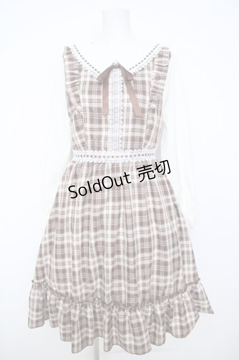画像1: axes femme POETIQUE / チェックフリル襟付ワンピース M ブラウンＸ白 Y-26-05-23-069-AX-OP-SA-ZY (1)