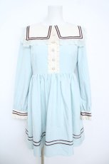 画像1: DearMyLove / メルティラブチョコレート配色スクエアセーラー襟リボン付きフリルレース長袖クラシカルワンピース M サックス Y-26-06-05-098-GO-OP-SZ-ZY (1)