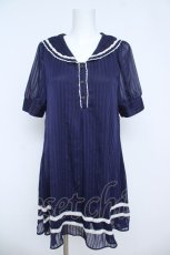 画像1: axes femme / シフォンストライプ半袖ワンピース M 紺 Y-26-06-05-116-AX-OP-SZ-ZY (1)