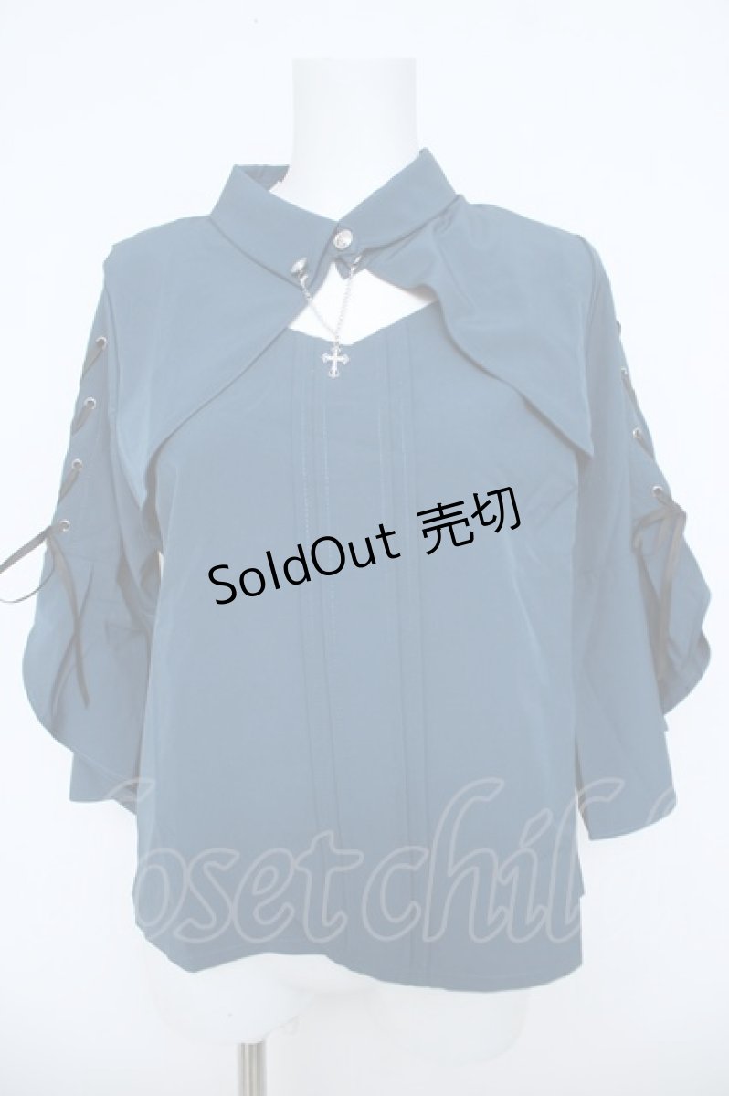画像1: axes femme POETIQUE / クロスチャーム付フレア袖ブラウス M ブルーグリーン Y-26-06-08-049-AX-BL-SZ-ZY (1)