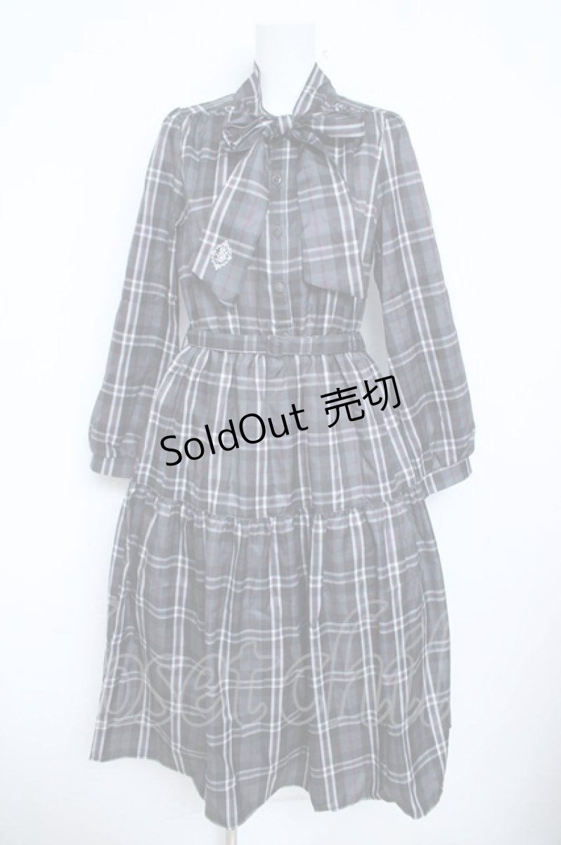 画像1: axes femme / バラ刺繍ボウタイチェックワンピース M 黒 Y-26-06-08-124-AX-OP-SZ-ZT185 (1)