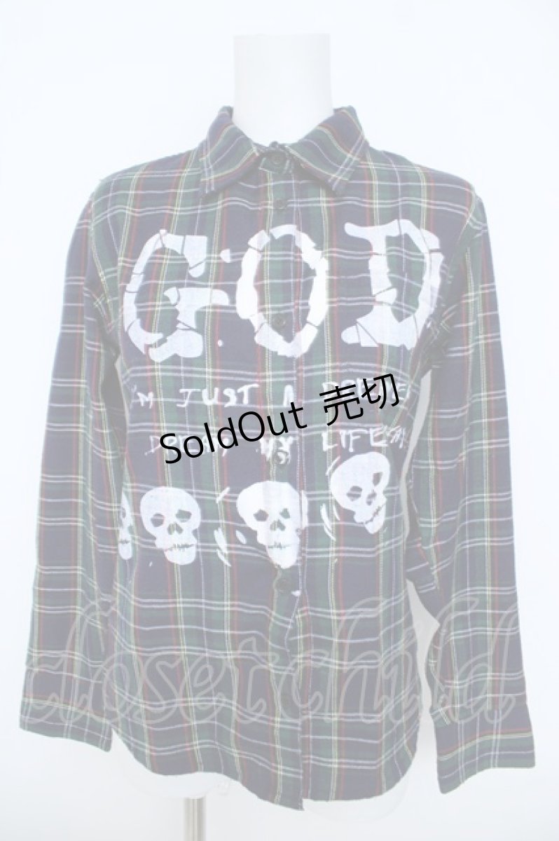 画像1: HELL CAT PUNKS / プリント入りチェックブラウス  グリーン Y-26-06-14-090-PU-BL-SZ-ZT034 (1)