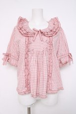 画像1: PINK HOUSE / ギンガムチェックパッチワークフリルブラウス F ピンク Y-26-06-27-116-LO-BL-SZ-ZS (1)