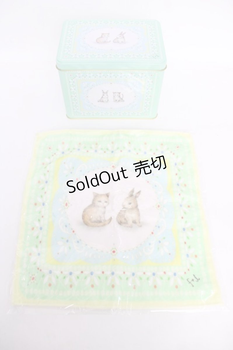 画像1: Franche Lippee / うさぎとねこの缶BOXとタオルハンカチ/ノベルティ  グリーン Y-26-07-03-044-LO-ZA-SZ-ZY (1)