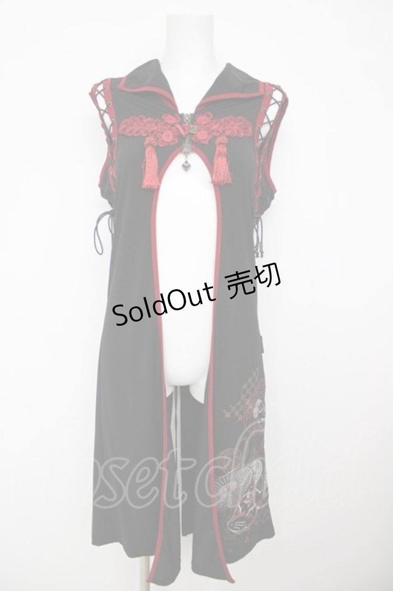 画像1: Ozz oneste / 狐面プリント刺繍スリットチュニック  黒×赤 Y-26-07-27-116-OO-TO-SZ-ZY (1)