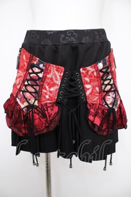 Preview of 和柄コルセット風プリーツスカート  黒×赤