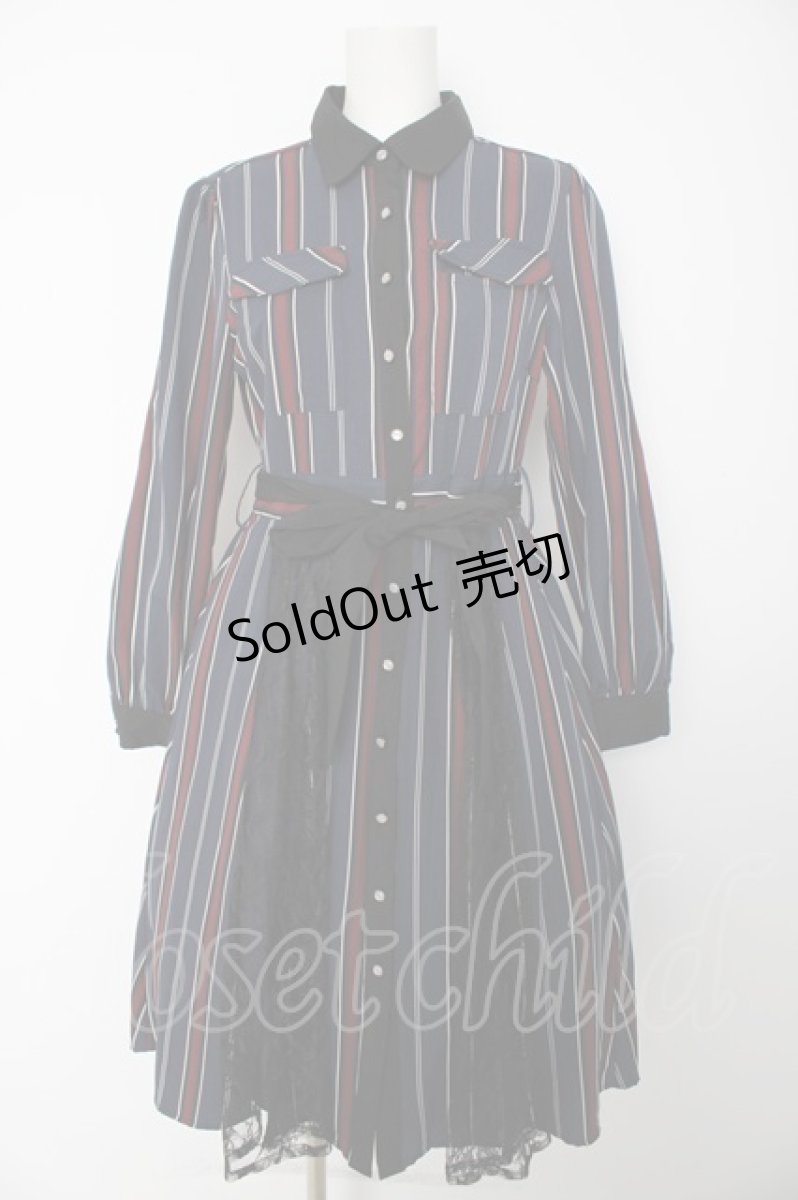 画像1: axes femme / レジメ柄シャツワンピース  紺 Y-26-08-28-162-AX-OP-SZ-ZS (1)