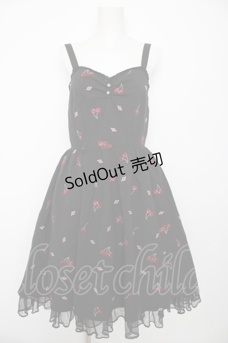 画像1: axes femme POETIQUE / チェリー×ローズ刺繍ジャンパースカート M 黒 Y-26-09-03-110-AX-OP-SZ-ZY (1)