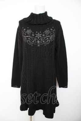 Preview of 刺繍入り編み柄切替ニットワンピース M 黒
