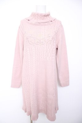 Preview of 刺繍入り編み柄切替ニットワンピース M ピンク