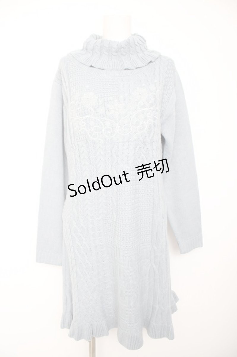 画像1: axes femme / 刺繍入り編み柄切替ニットワンピース M サックス Y-26-09-05-099-AX-OP-SZ-ZY (1)