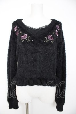Preview of ローズ刺繍フェザーニット M 黒
