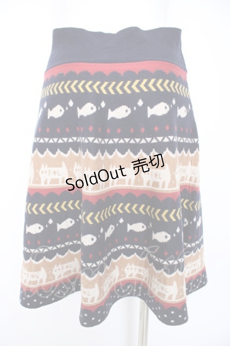 画像2: Franche Lippee / ネコとサカナニットスカート M 紺 Y-26-09-10-142-LO-SK-SZ-ZY (2)