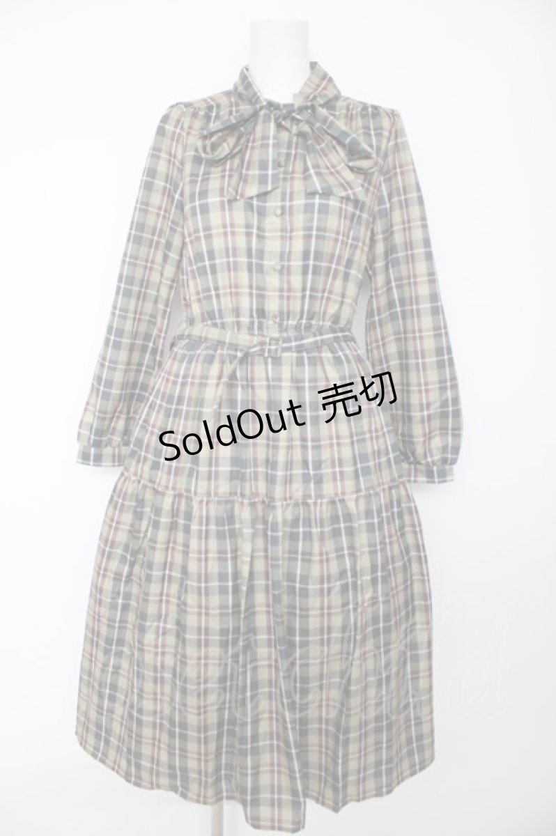 画像1: axes femme / バラ刺繍ボウタイチェックワンピース M ベージュ Y-26-09-14-077-AX-OP-SZ-ZY (1)