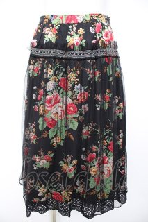 Jane Marple 膝下スカート ロゴ総柄 ブラック ウエスト調整可 美品 Jane Marple / チュール重ね花柄スカート M 黒 Y-26-10-04-228-JM-SK